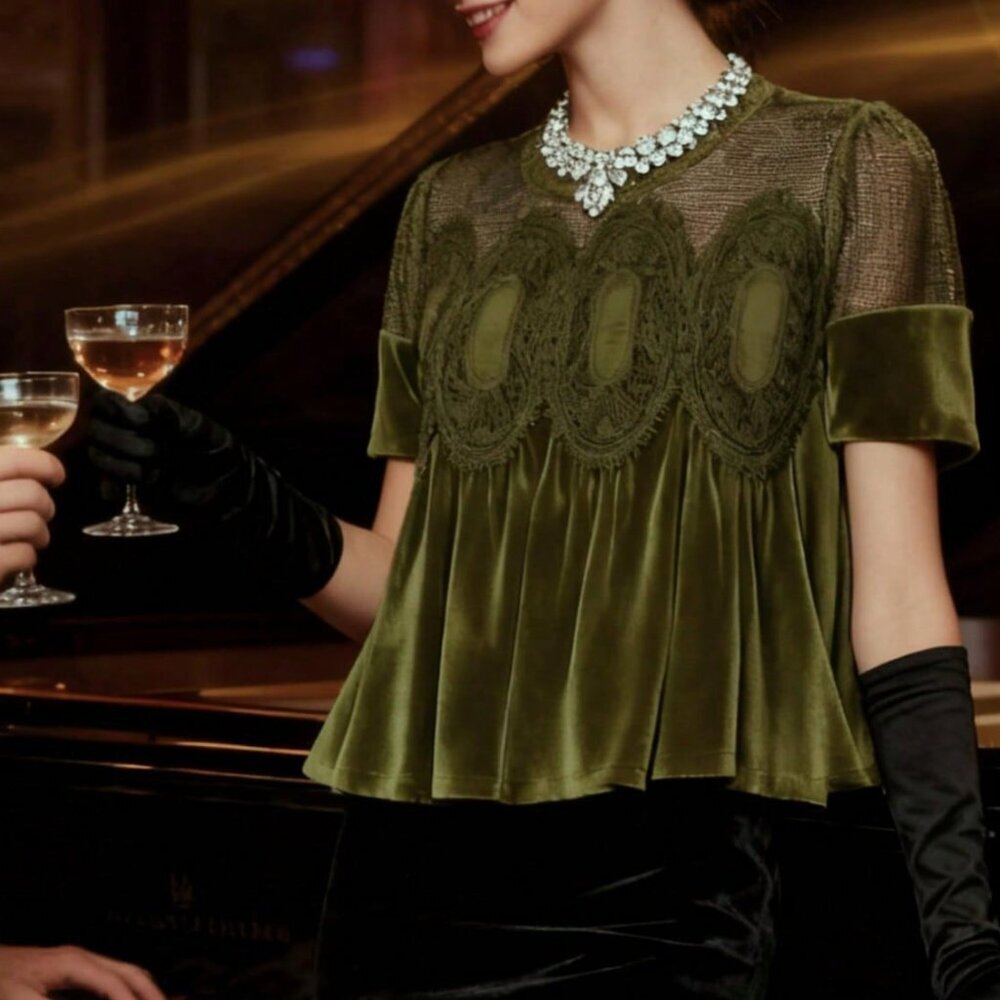 Army Green Casual Women's Short Sleeve Velvet Blouse - Picture 2 of 3